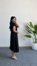 Rona Hasır Kemerli Kruvaze Midi Elbise - Siyah - Görsel 7