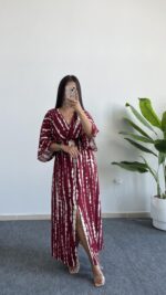 Ronda Kruvaze Viskon Elbise - Bordo