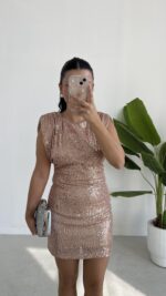 Rosita Sırt Dekolteli Pul Payet Mini Elbise - Yavruağzı