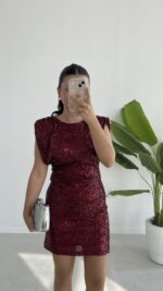 Rosita Sırt Dekolteli Pul Payet Mini Elbise -Bordo