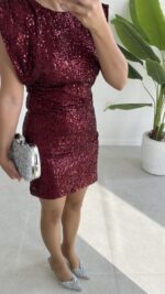 Rosita Sırt Dekolteli Pul Payet Mini Elbise -Bordo - Görsel 5