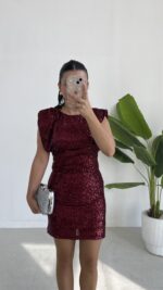 Rosita Sırt Dekolteli Pul Payet Mini Elbise -Bordo - Görsel 8