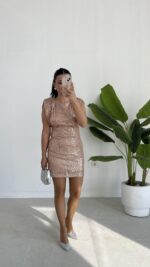 Rosita Sırt Dekolteli Pul Payet Mini Elbise - Yavruağzı - Görsel 4