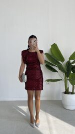 Rosita Sırt Dekolteli Pul Payet Mini Elbise -Bordo - Görsel 7
