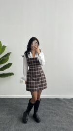 Rox Gömlek Detaylı Ekose Elbise - Kahve-Ekru - Görsel 8