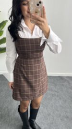 Rox Gömlek Detaylı Ekose Elbise - Kahve-Yeşil - Görsel 6