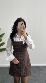 Rox Gömlek Detaylı Ekose Elbise - Kahve-Yeşil - Görsel 5