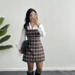 Rox Gömlek Detaylı Ekose Elbise - Kahve-Ekru