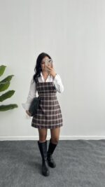 Rox Gömlek Detaylı Ekose Elbise - Kahve-Ekru