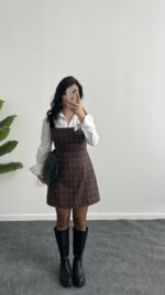 Rox Gömlek Detaylı Ekose Elbise - Kahve-Yeşil - Görsel 2