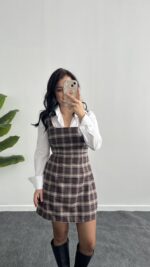 Rox Gömlek Detaylı Ekose Elbise - Kahve-Ekru - Görsel 7