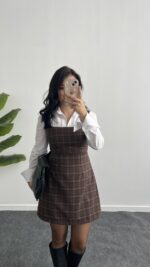 Rox Gömlek Detaylı Ekose Elbise - Kahve-Yeşil - Görsel 3