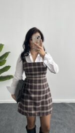 Rox Gömlek Detaylı Ekose Elbise - Kahve-Ekru - Görsel 3
