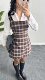 Rox Gömlek Detaylı Ekose Elbise - Kahve-Ekru - Görsel 4