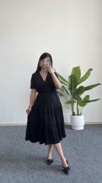 Rüya Kruvaze Yaka Volanlı Elbise - Siyah - Görsel 9