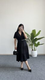 Rüya Kruvaze Yaka Volanlı Elbise - Siyah - Görsel 4