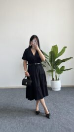 Rüya Kruvaze Yaka Volanlı Elbise - Siyah