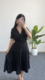 Rüya Kruvaze Yaka Volanlı Elbise - Siyah - Görsel 6