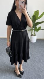 Rüya Kruvaze Yaka Volanlı Elbise - Siyah - Görsel 3