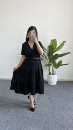 Rüya Kruvaze Yaka Volanlı Elbise - Siyah - Görsel 8