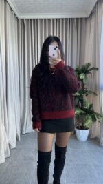 Sakallı Leopar Desen Bordo Kazak - Görsel 7