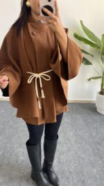 Sandela Kemer Kuşaklı Kaşe Pelerin - Kahve - Görsel 7