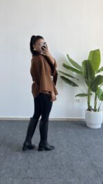 Sandela Kemer Kuşaklı Kaşe Pelerin - Kahve - Görsel 5