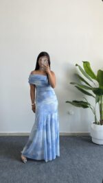 Sandes Tek Omuz Batik Desenli Kruvaze Tül Elbise - Bebe Mavi - Görsel 5