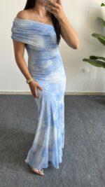 Sandes Tek Omuz Batik Desenli Kruvaze Tül Elbise - Bebe Mavi - Görsel 7