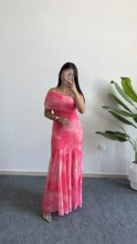 Sandes Tek Omuz Batik Desenli Kruvaze Tül Elbise - Pembe - Görsel 5