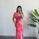 Sandes Tek Omuz Batik Desenli Kruvaze Tül Elbise - Pembe