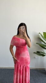 Sandes Tek Omuz Batik Desenli Kruvaze Tül Elbise - Pembe - Görsel 2