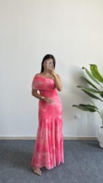 Sandes Tek Omuz Batik Desenli Kruvaze Tül Elbise - Pembe - Görsel 6