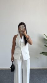 Sandra Boyundan Geçmeli Yelek Pantolon Takım - Beyaz - Görsel 2