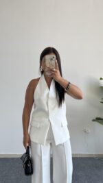 Sandra Boyundan Geçmeli Yelek Pantolon Takım - Beyaz - Görsel 3