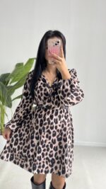 Satre Leopar Desen Kruvaze Kemerli Elbise - Görsel 6