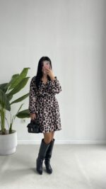 Satre Leopar Desen Kruvaze Kemerli Elbise - Görsel 2