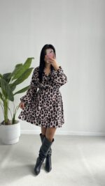 Satre Leopar Desen Kruvaze Kemerli Elbise - Görsel 4