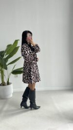 Satre Leopar Desen Kruvaze Kemerli Elbise - Görsel 7