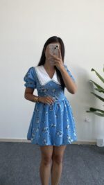 Selesta Bebe Yaka Mini Balon Elbise - Mavi - Görsel 5