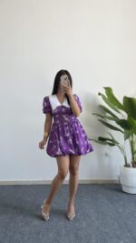 Selesta Bebe Yaka Mini Balon Elbise - Mor - Görsel 3