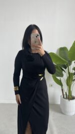 Setra Gold Toka Detaylı Anvelop Elbise - Siyah - Görsel 4