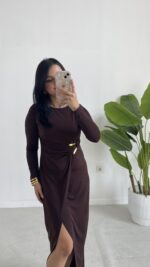 Setra Gold Toka Detaylı Anvelop Elbise - Kahve - Görsel 6