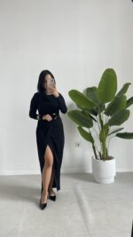 Setra Gold Toka Detaylı Anvelop Elbise - Siyah - Görsel 5