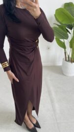 Setra Gold Toka Detaylı Anvelop Elbise - Kahve - Görsel 5