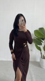 Setra Gold Toka Detaylı Anvelop Elbise - Kahve - Görsel 4