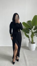 Setra Gold Toka Detaylı Anvelop Elbise - Siyah - Görsel 6