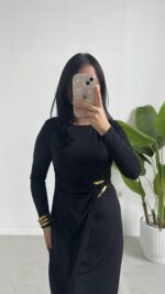 Setra Gold Toka Detaylı Anvelop Elbise - Siyah - Görsel 7