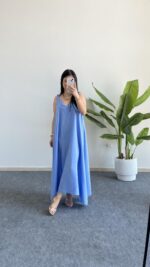 Shaya Asimetrik Kesim Bambu Elbise - Bebe Mavi - Görsel 6