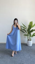 Shaya Asimetrik Kesim Bambu Elbise - Bebe Mavi - Görsel 5